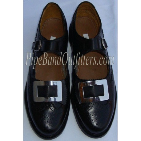 Black Leather Pipers Kilt Buckle Brogue Shoes