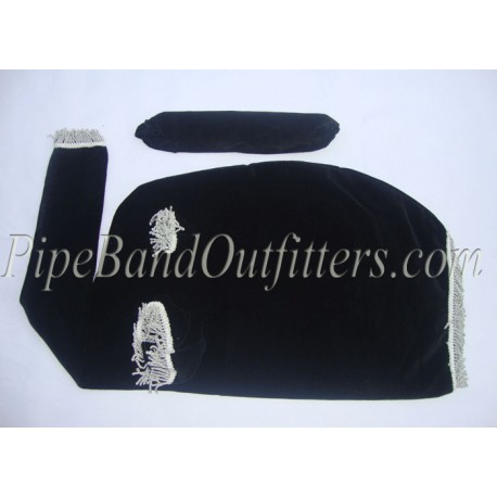Black Velvet Bagpipe Cover - Silver Fringe