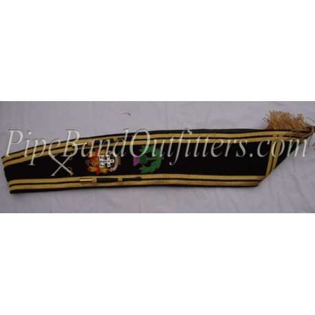 Custom Black & Silver Bullion Embroidered Drum Major Baldric Sash with Honors Scrolls